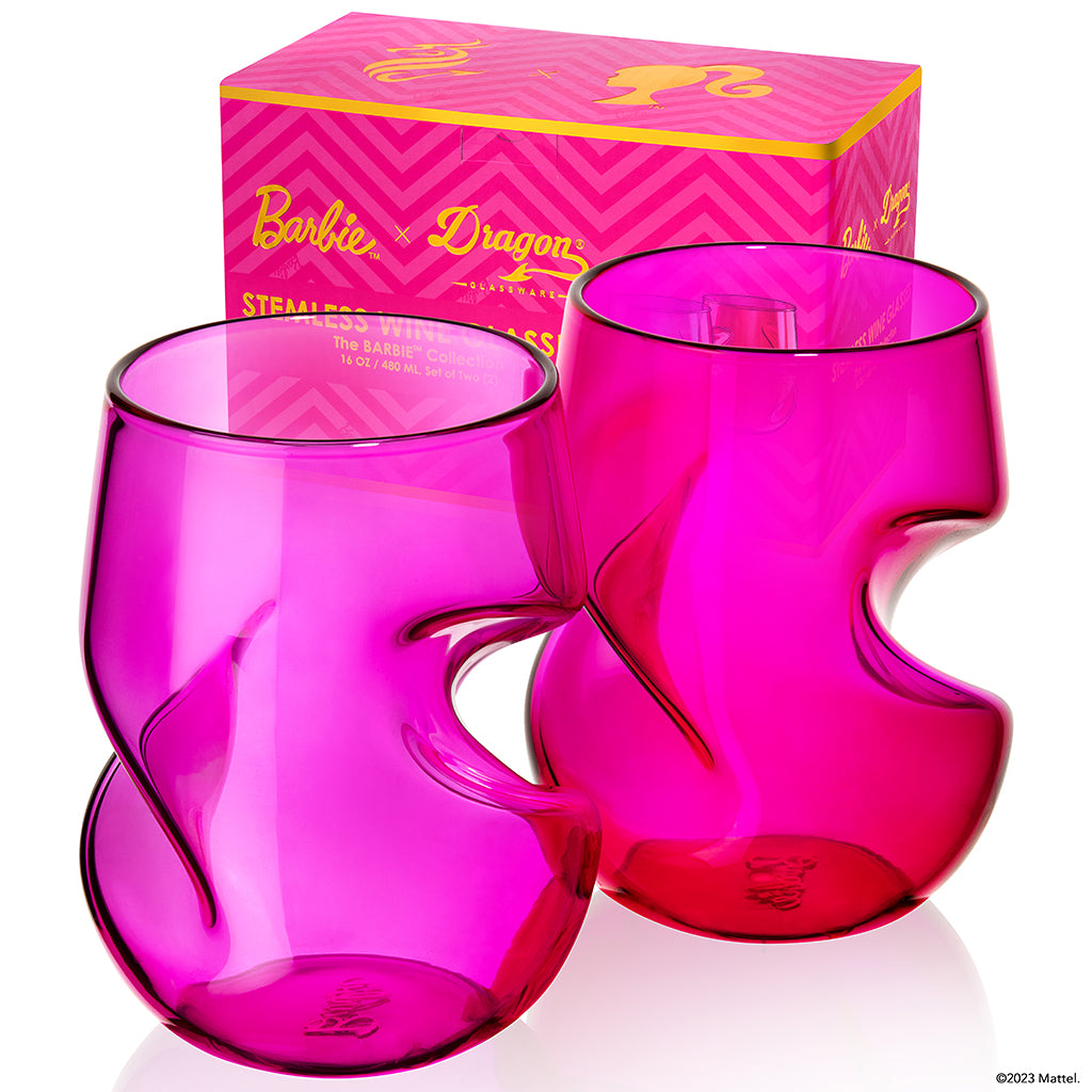 Dragon Glassware x Barbie Stemless Wine Glasses, Pink and Magenta Glass with Finger Indentations, Naturally Aerates Wine, Unique Gift for Wine